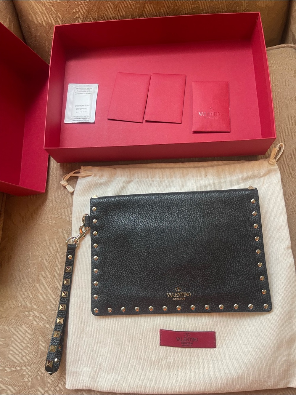 Valentino Black Pebbled Leather Studded Wristlet Pouch
